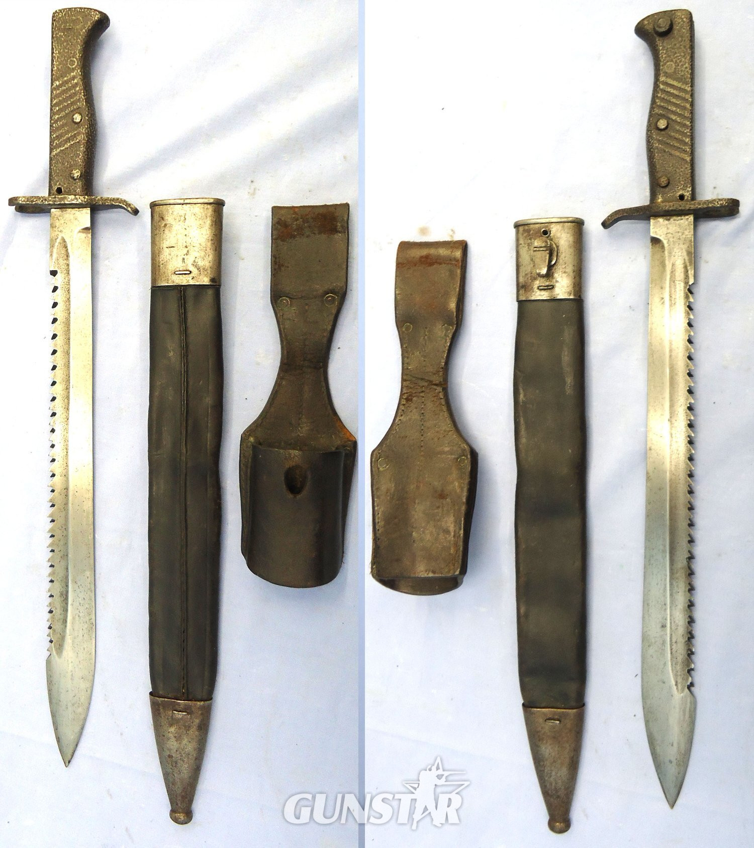 WW1, Imperial German, Ersatz Pattern 98/05 Butcher Sawback Bayonet with High Ears, Steel & Leather Scabbard & Leather Frog. Sn 23478:2 Bayonet