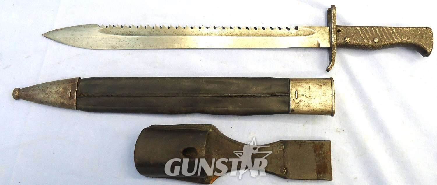 WW1, Imperial German, Ersatz Pattern 98/05 Butcher Sawback Bayonet with High Ears, Steel & Leather Scabbard & Leather Frog. Sn 23478:2 Bayonet - {CATEGORY} in 