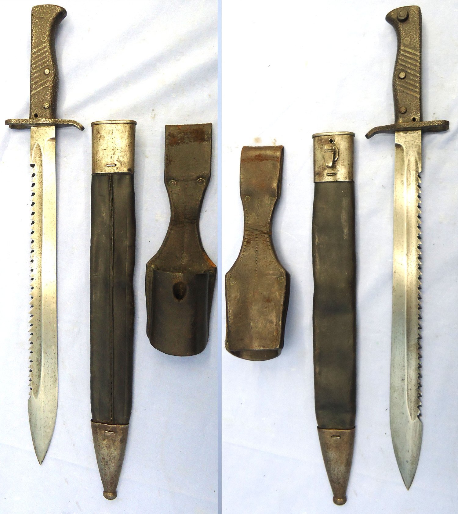 WW1, Imperial German, Ersatz Pattern 98/05 Butcher Sawback Bayonet with High Ears, Steel & Leather Scabbard & Leather Frog. Sn 23478:2 Bayonet