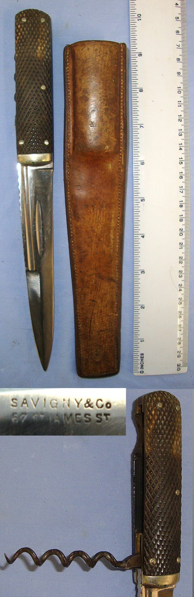 QUALITY*Victorian Era Savigny & Co London Scottish Dirk Form Spear Point Bowie Knife With Chequered Horn Scales & Folding Cork Screw With Original Leather Scabbard. Sn 23706 Knive