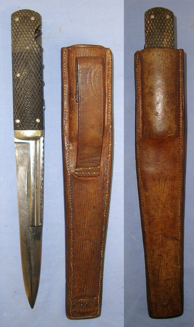  QUALITY*Victorian Era Savigny & Co London Scottish Dirk Form Spear Point Bowie Knife With Chequered Horn Scales & Folding Cork Screw With Original Leather Scabbard. Sn 23706 Knive