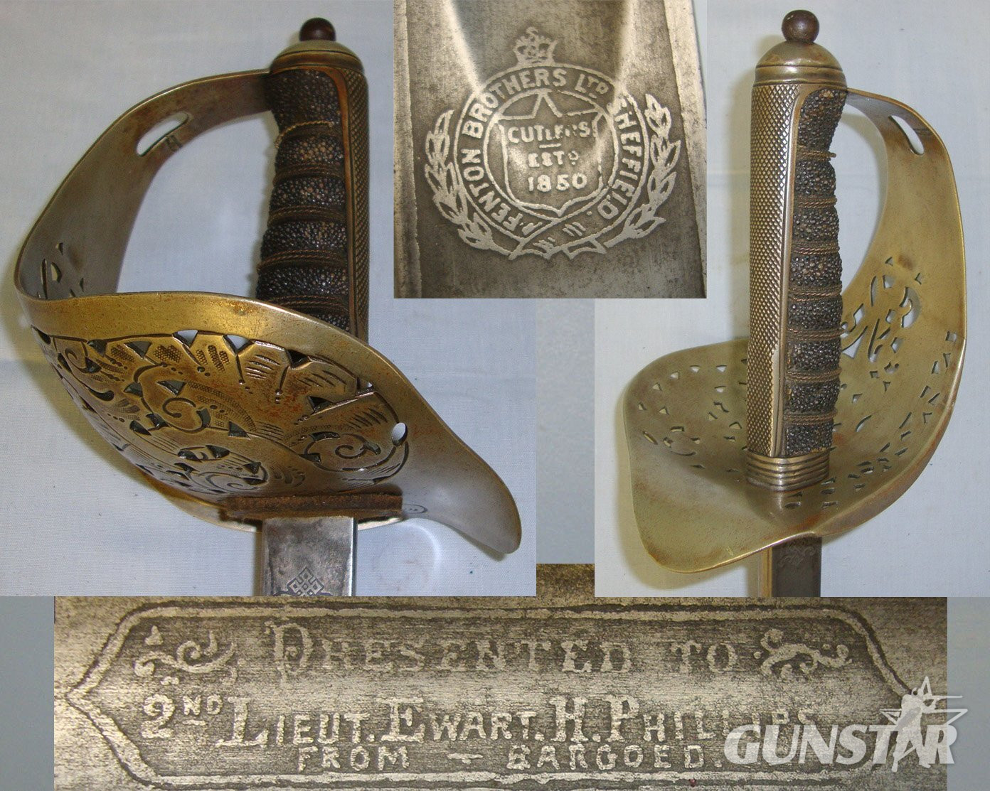 NAMED**WW1 Era British Fenton Brothers Ltd Sheffield George V 1897 Pattern Sword with Presentation Etched Blade ‘Presented To 2nd Lieut Ewart H Philips from Bargoed’ & Field Service Scabbard. ED 2683. Sword