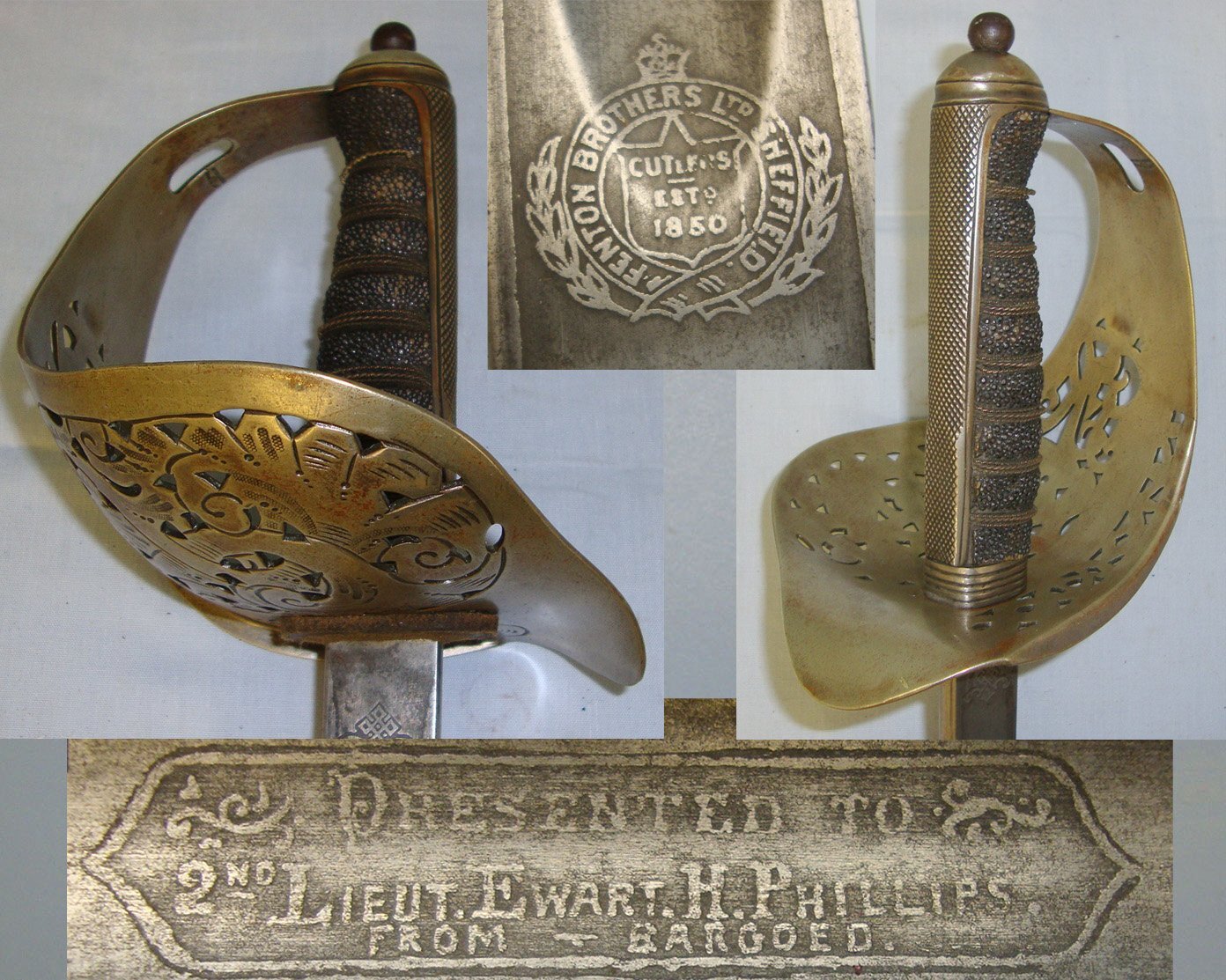 NAMED**WW1 Era British Fenton Brothers Ltd Sheffield George V 1897 Pattern Sword with Presentation Etched Blade ‘Presented To 2nd Lieut Ewart H Philips from Bargoed’ & Field Service Scabbard. ED 2683. Sword