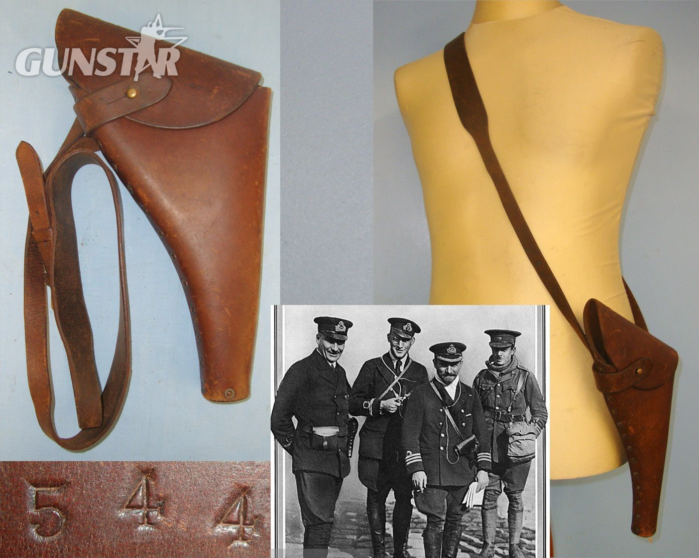 VERY RARE**WW1 Era British Royal Navy Air Service (RNAS) Pilot Officer's Brown Leather Holster Number 544 For Webley .455 Service Revolvers & .455 Semi Auto Pistols  With Cross Belt. Sn 21668 Care & Storage in 