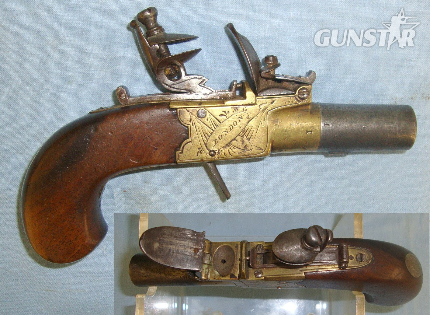 Early 19th Century English Anderson London 40 Bore Brass Action Flintlock Pocket Pistol With Screw Off Barrel & Concealed Folding Trigger. Sn 21704 .40 S&W Muzzleloader in 