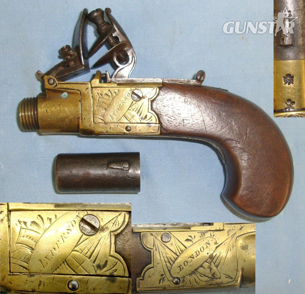 Early 19th Century English Anderson London 40 Bore Brass Action Flintlock Pocket Pistol With Screw Off Barrel & Concealed Folding Trigger. Sn 21704 .40 S&W Muzzleloader