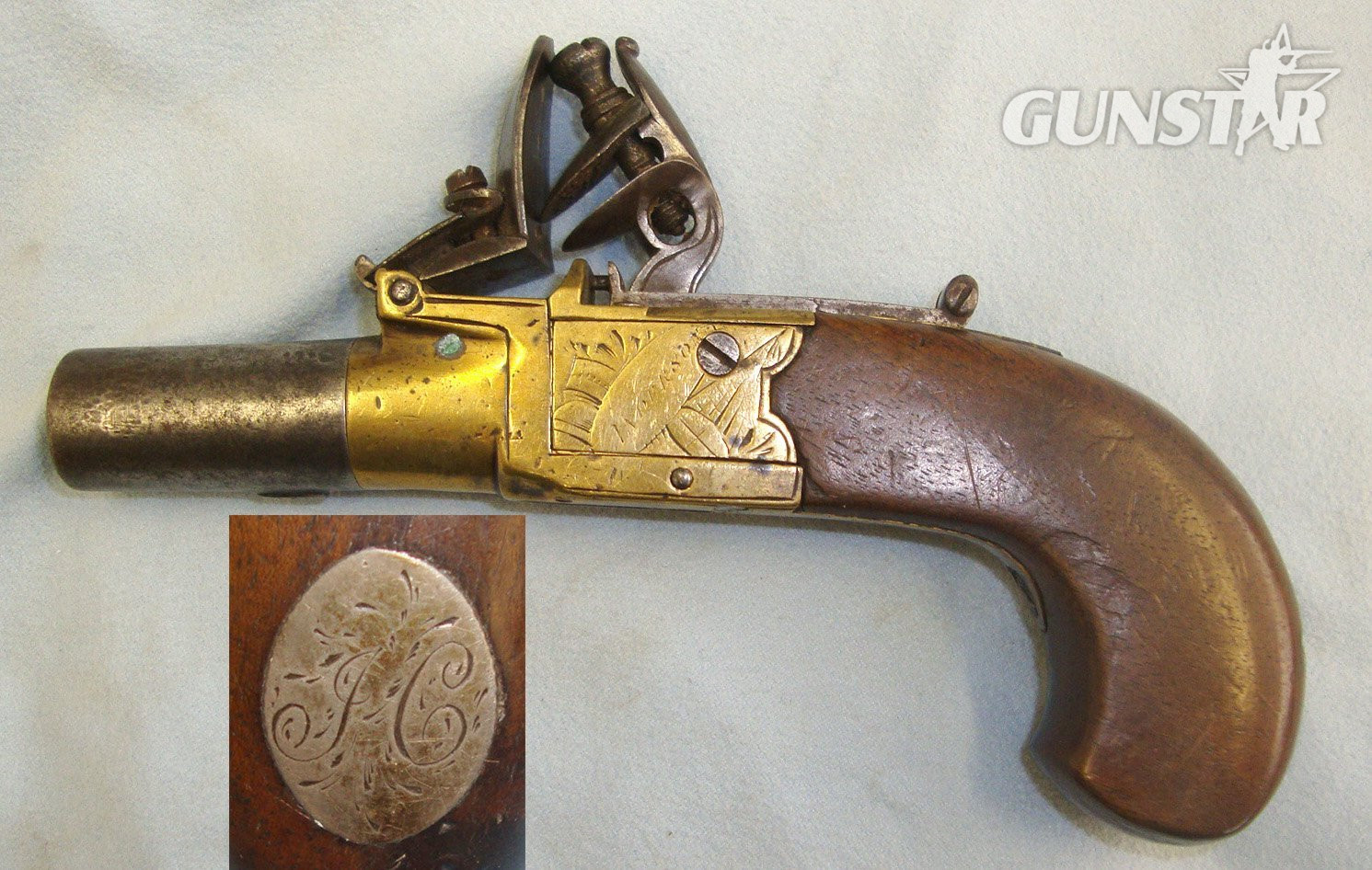  Early 19th Century English Anderson London 40 Bore Brass Action Flintlock Pocket Pistol With Screw Off Barrel & Concealed Folding Trigger. Sn 21704 .40 S&W Muzzleloader