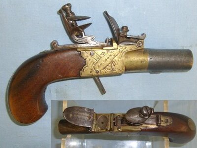 Early 19th Century English Anderson London 40 Bore Brass Action Flintlock Pocket Pistol With Screw Off Barrel & Concealed Folding Trigger. Sn 21704 .40 S&W Muzzleloader