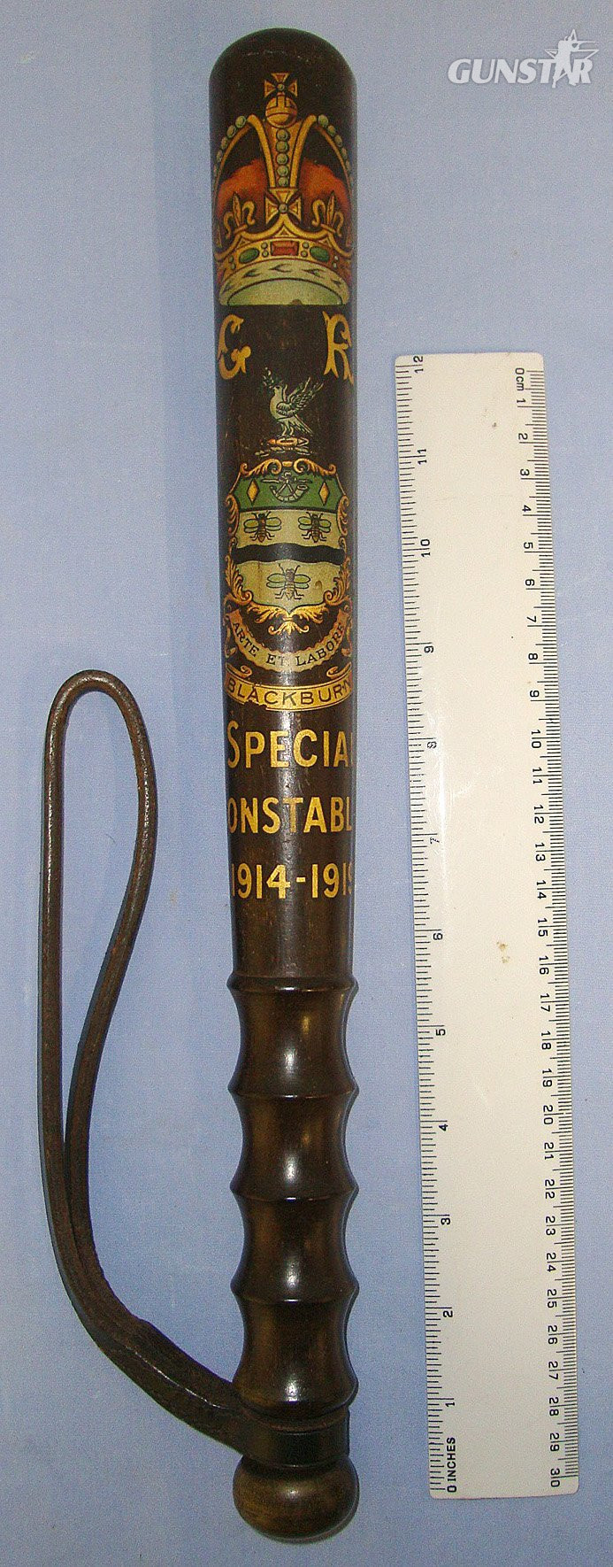 MINT**WW1 Hiatt & Co Birmingham 1914-1919 Dated, Polychrome Decorated British Blackburn Special Constable’s Lignum Vitae Tropical Hard Wood Presentation Police Truncheon & Leather Wrist Strap. Sn 23152  Antique & Militaria