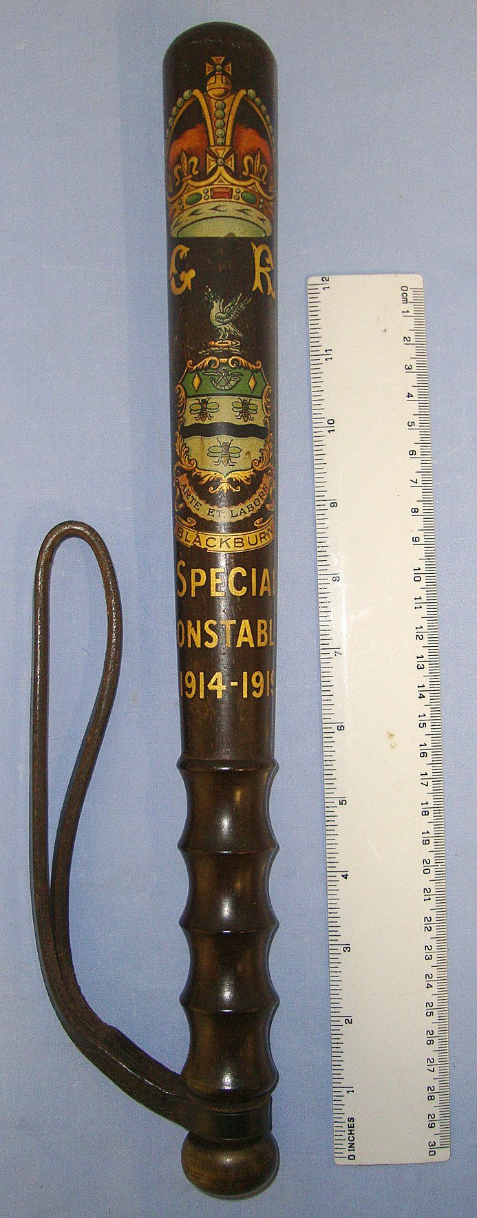 MINT**WW1 Hiatt & Co Birmingham 1914-1919 Dated, Polychrome Decorated British Blackburn Special Constable’s Lignum Vitae Tropical Hard Wood Presentation Police Truncheon & Leather Wrist Strap. Sn 23152  Antique & Militaria
