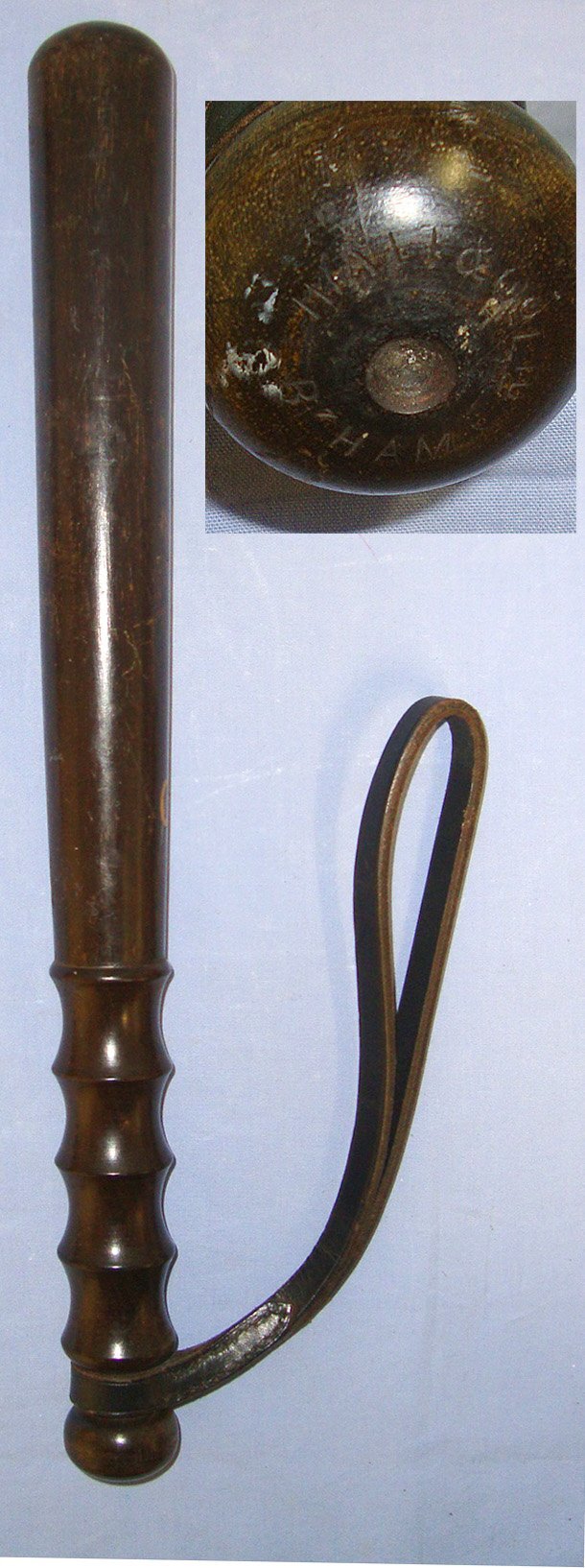  MINT**WW1 Hiatt & Co Birmingham 1914-1919 Dated, Polychrome Decorated British Blackburn Special Constable’s Lignum Vitae Tropical Hard Wood Presentation Police Truncheon & Leather Wrist Strap. Sn 23152  Antique & Militaria