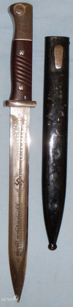 1943 Dated Nazi German K98 Bayonet By ‘asw’ (E&F Horster Solingen) with Later Etched Blade ‘Srhlarhtsrhiff-Tirpitz’ Kriegsmarine. 19898:7. Bayonet in 