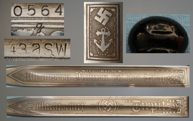 1943 Dated Nazi German K98 Bayonet By ‘asw’ (E&F Horster Solingen) with Later Etched Blade ‘Srhlarhtsrhiff-Tirpitz’ Kriegsmarine. 19898:7. Bayonet
