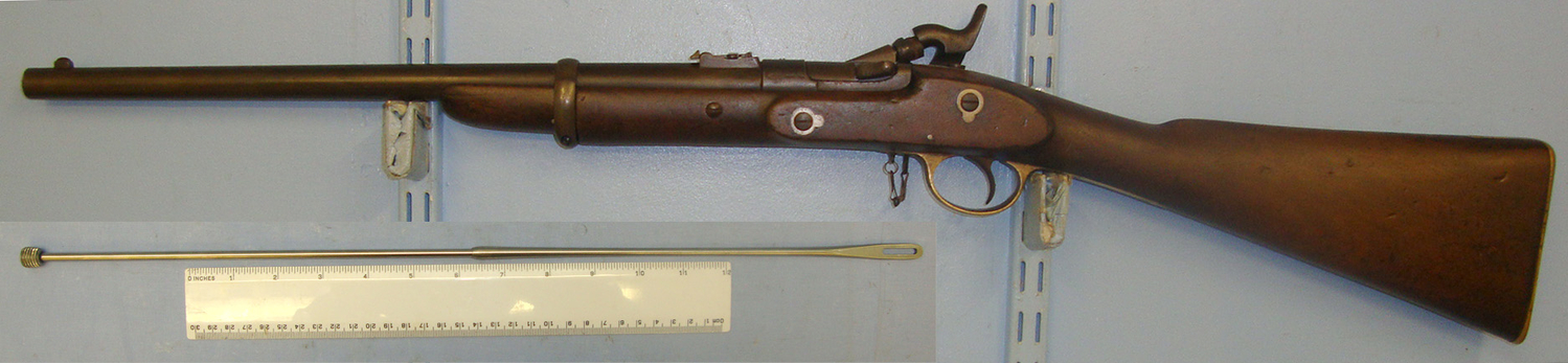  Royal Small Arms Factory (Enfield) British WD, 1859 Dated, 5 Groove, Enfield Tower Snider MK III .577 Calibre Cavalry Carbine With Chained Nipple Protector & Original 2 Piece Steel Cleaning Rod. Sn 21150  Single Shot .577 Rifle