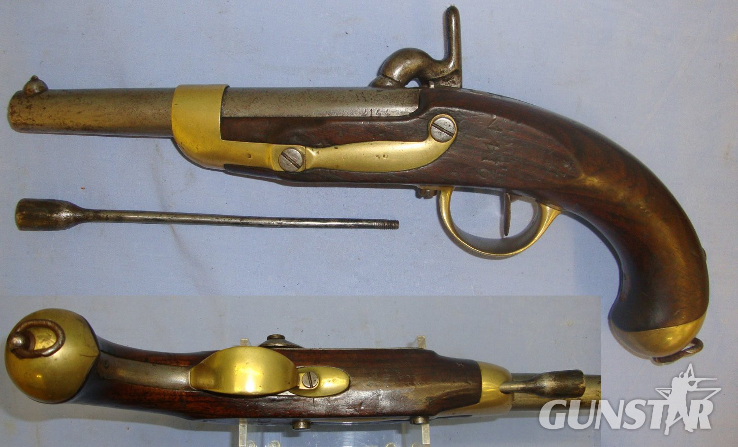  French Tulle Arsenal Model 1822 .700 Calibre Muzzle Loading Dragoon Cavalry Percussion Pistol, St Etienne Arsenal Marked Stock Regiment Marked ‘D1’ (1st Regiment Of Dragoons) With Iron Powder Measure Ram Rod. Sn 21393:22 .75 Cal Muzzleloader Muzzleloader