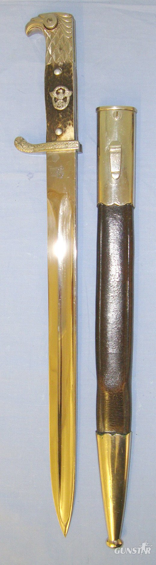 MINT**Nazi German Police Long Dress Bayonet By Weyersberg, Kirschbaum & Co Solingen (WKC) With Correct Stag Horn Grips Mounted With Nazi Police Eagle Badge & Scabbard. Sn 22236 Bayonet in 
