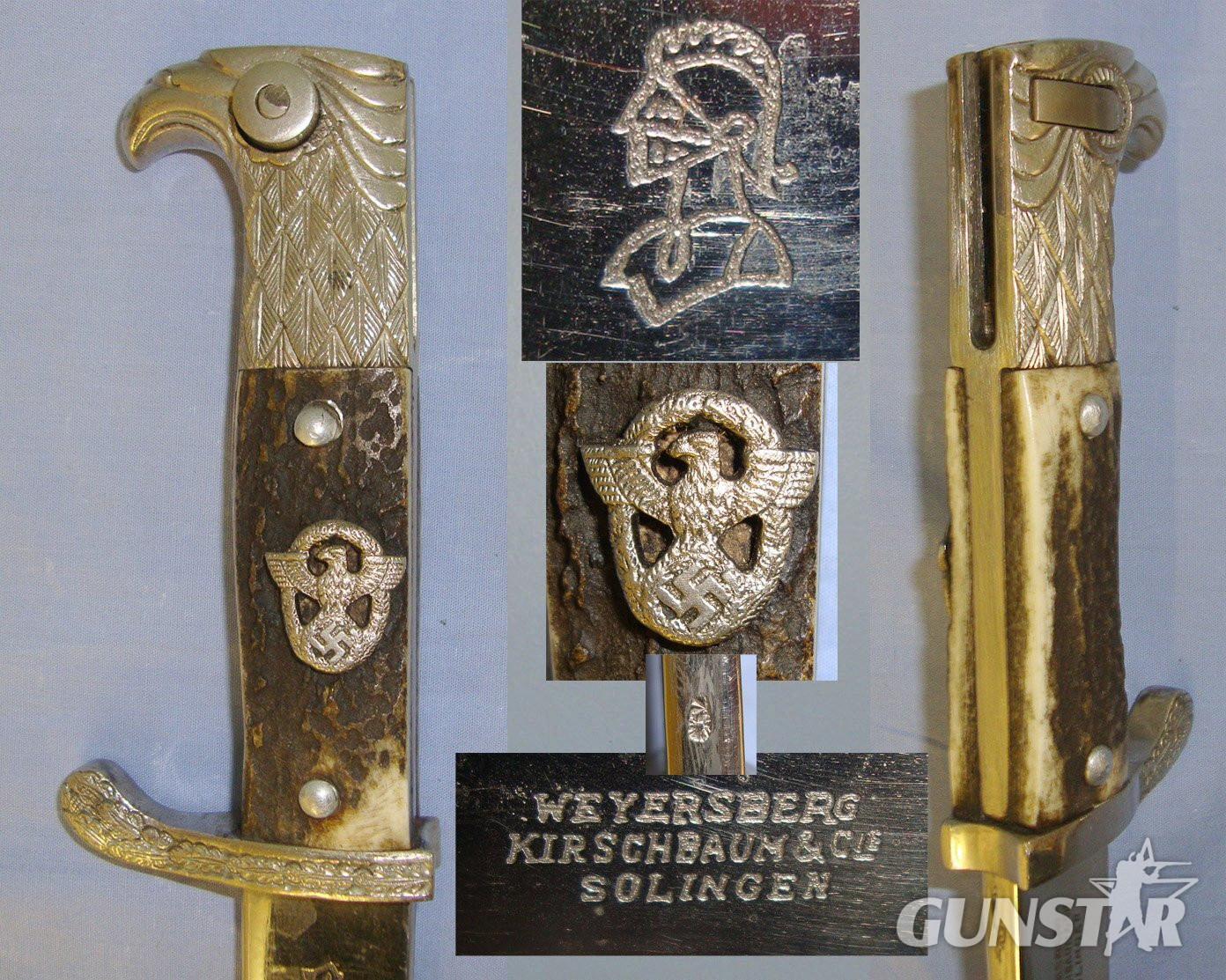 MINT**Nazi German Police Long Dress Bayonet By Weyersberg, Kirschbaum & Co Solingen (WKC) With Correct Stag Horn Grips Mounted With Nazi Police Eagle Badge & Scabbard. Sn 22236 Bayonet