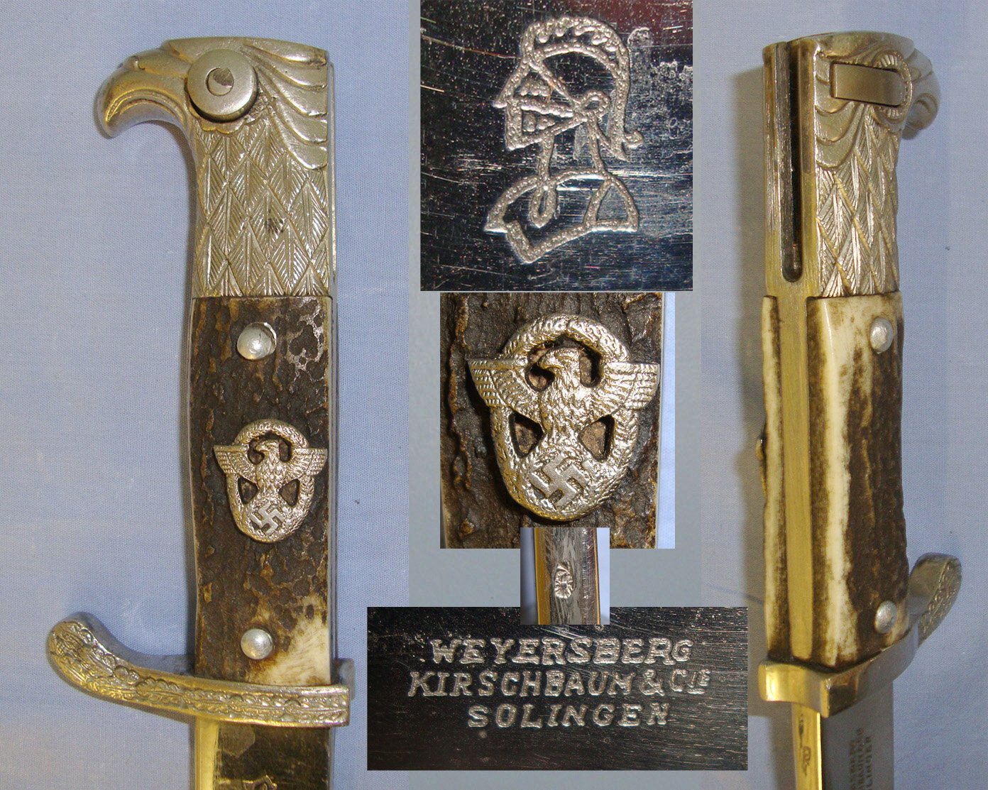 MINT**Nazi German Police Long Dress Bayonet By Weyersberg, Kirschbaum & Co Solingen (WKC) With Correct Stag Horn Grips Mounted With Nazi Police Eagle Badge & Scabbard. Sn 22236 Bayonet