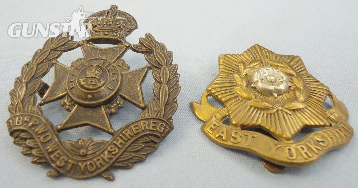 Pair* WWI Era 8th Bn P.W.O. ‘Leeds Rifles’ West Yorkshire Regiment & East Yorkshire Regiment Cap Badges. BA 892. Pair* WWI Era 8th Bn P.W.O. ‘Leeds Rifles’ West Yorkshire Regiment & East Yorkshire Regiment Cap Badges. BA 892.  Antique & Militaria