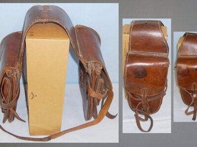 A Set of Heavy Leather 1940 Dated German Military Motorcycle Saddle Bags with Waffenamt Stamp by Maker Stolla Sohn Vienna, Austria - L 219. A Set of Heavy Leather 1940 Dated German Military Motorcycle Saddle Bags with Waffenamt Stamp by Maker Stolla Sohn Vienna, Austria - L 219.  Antique & Militaria