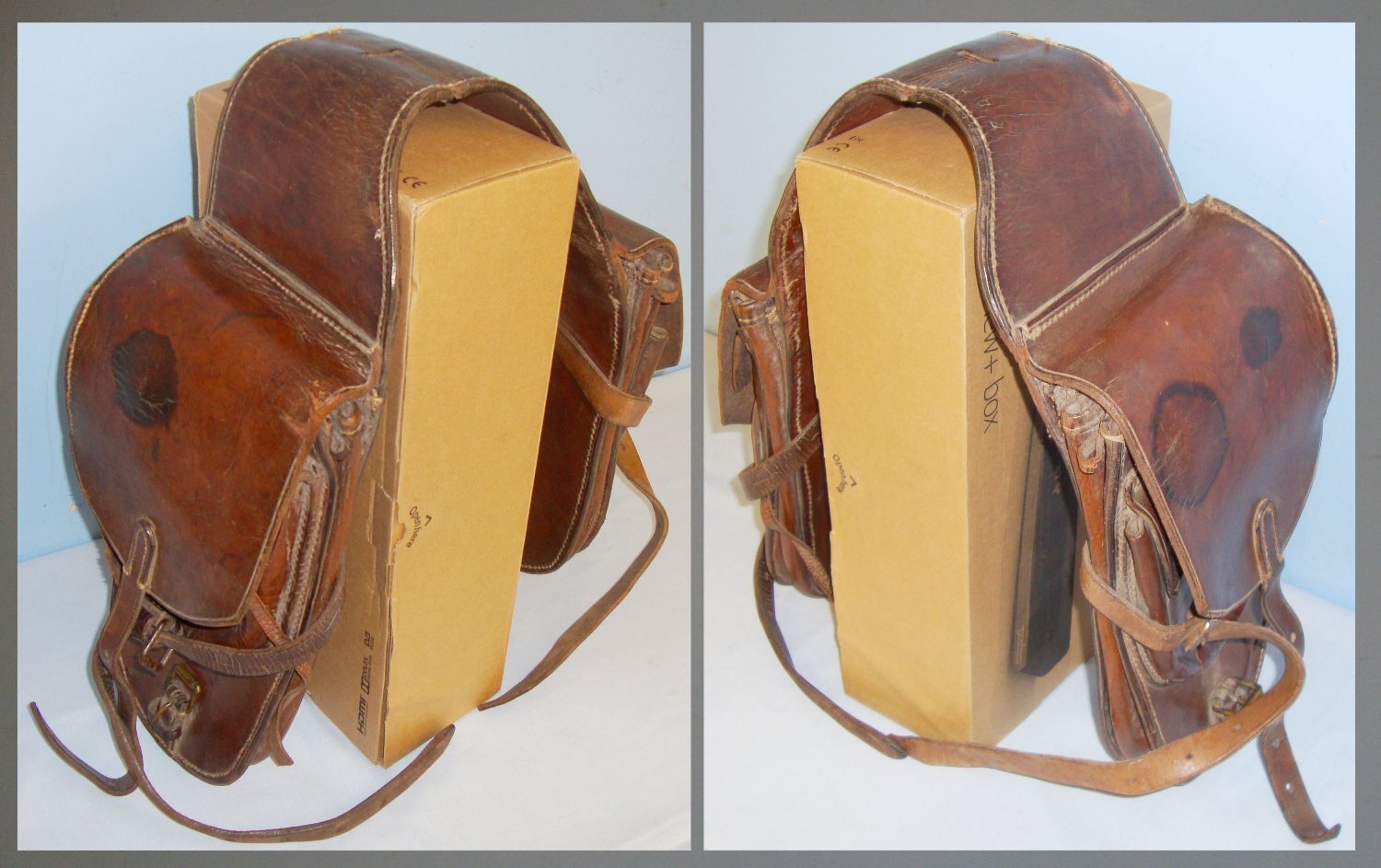 A Set of Heavy Leather 1940 Dated German Military Motorcycle Saddle Bags with Waffenamt Stamp by Maker Stolla Sohn Vienna, Austria - L 219. A Set of Heavy Leather 1940 Dated German Military Motorcycle Saddle Bags with Waffenamt Stamp by Maker Stolla Sohn Vienna, Austria - L 219.  Antique & Militaria