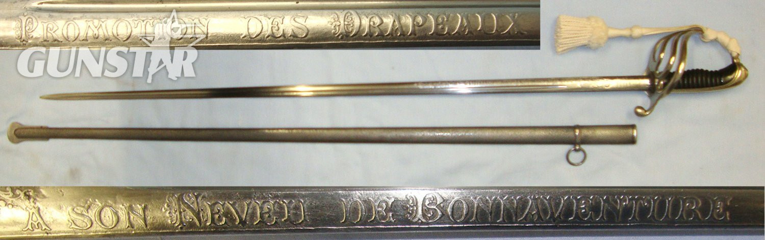 WW1 Era 1913 Dated French Chatellerault Arsenal 1882 Pattern Infantry Officer’s Flag Promotion / Commission Family Presentation Sword With Nickel Plated Brass Hilt, Etched Blade Retailed By Petitfils Paris, Officer’s Rank Tassel Cord & Scabbard. ED 30 Sword in 