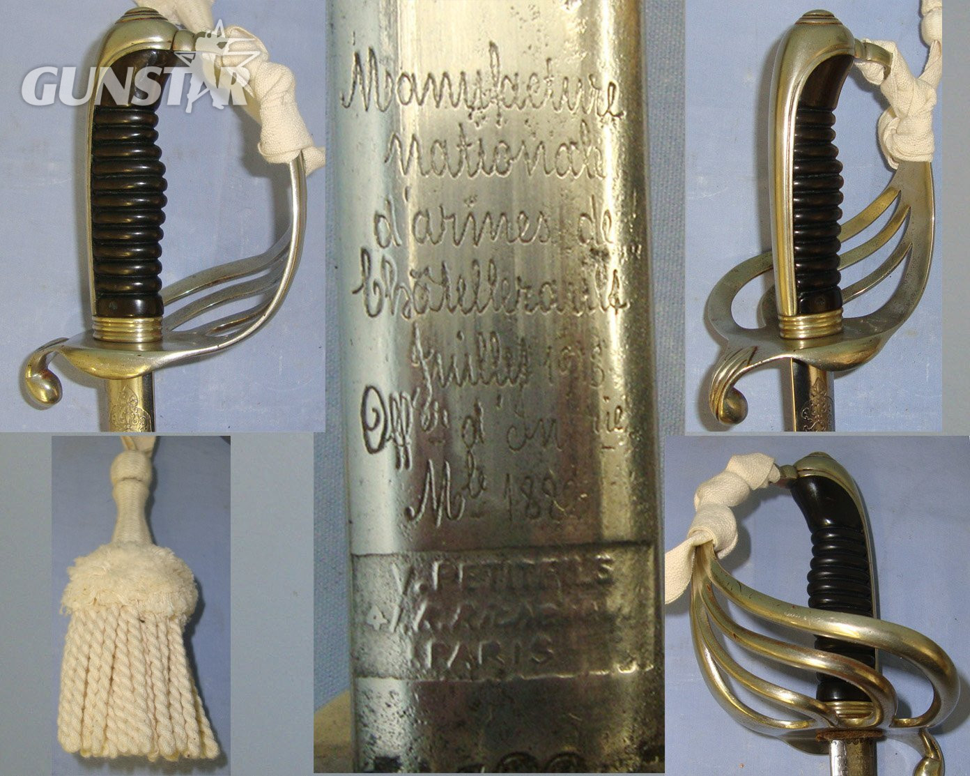 WW1 Era 1913 Dated French Chatellerault Arsenal 1882 Pattern Infantry Officer’s Flag Promotion / Commission Family Presentation Sword With Nickel Plated Brass Hilt, Etched Blade Retailed By Petitfils Paris, Officer’s Rank Tassel Cord & Scabbard. ED 30 Sword