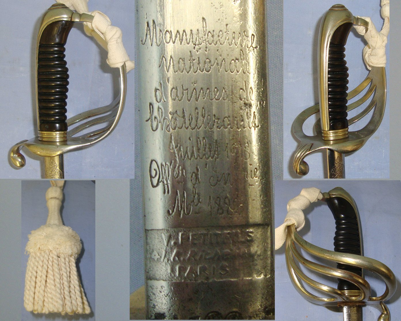 WW1 Era 1913 Dated French Chatellerault Arsenal 1882 Pattern Infantry Officer’s Flag Promotion / Commission Family Presentation Sword With Nickel Plated Brass Hilt, Etched Blade Retailed By Petitfils Paris, Officer’s Rank Tassel Cord & Scabbard. ED 30 Sword