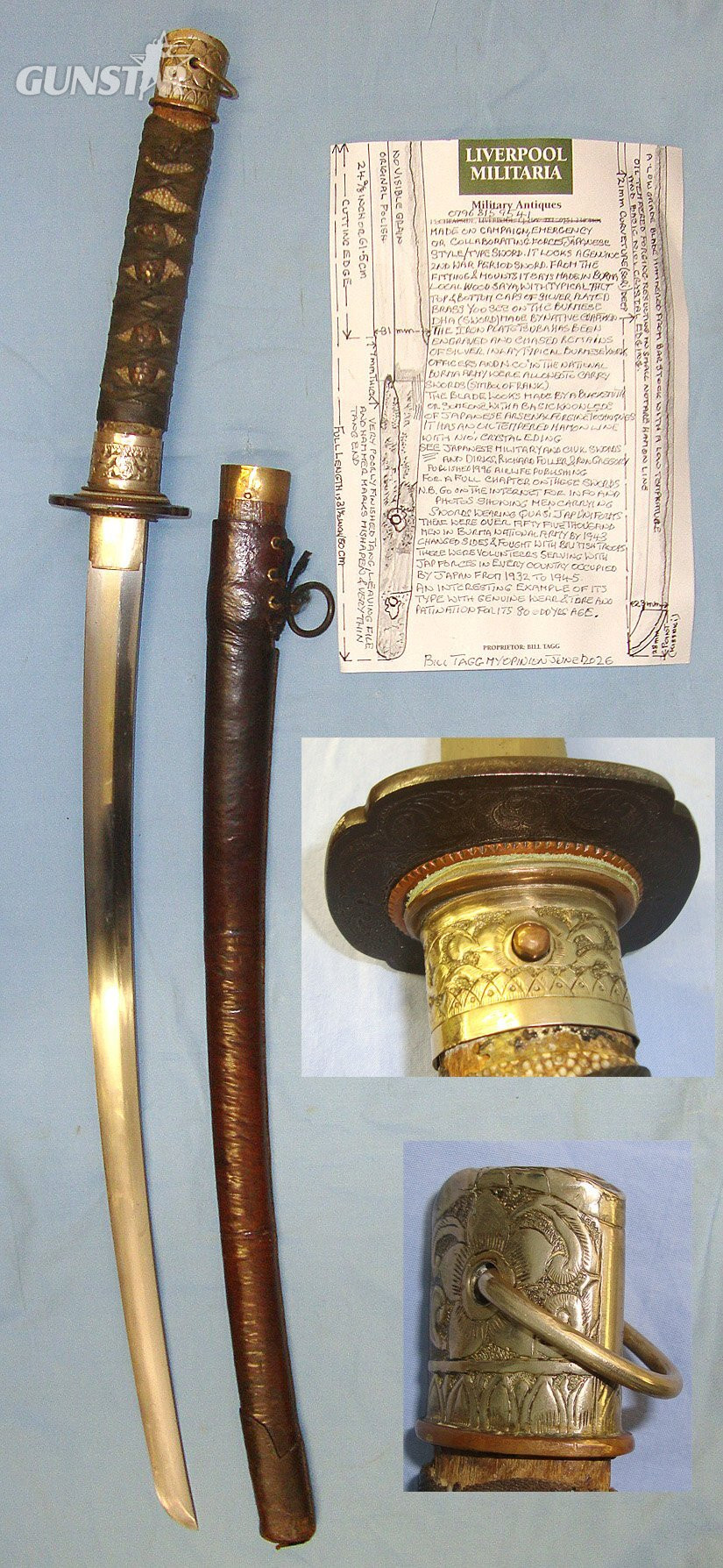 WW2 Era Japanese Collaborating Burmese Forces Officer's / NCO’s Katana Sword With Burmese Dha Sword Form Silver Plated Brass Hilt Fittings, Scabbard With Leather Field Service Cover & Expert Assessment. Sn 23484:104 Sword in 