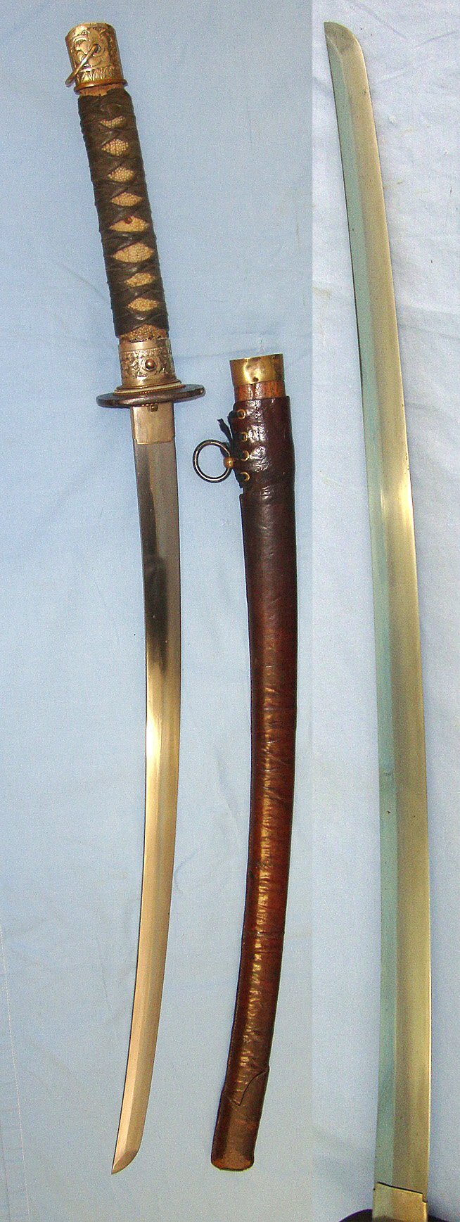  WW2 Era Japanese Collaborating Burmese Forces Officer's / NCO’s Katana Sword With Burmese Dha Sword Form Silver Plated Brass Hilt Fittings, Scabbard With Leather Field Service Cover & Expert Assessment. Sn 23484:104 Sword