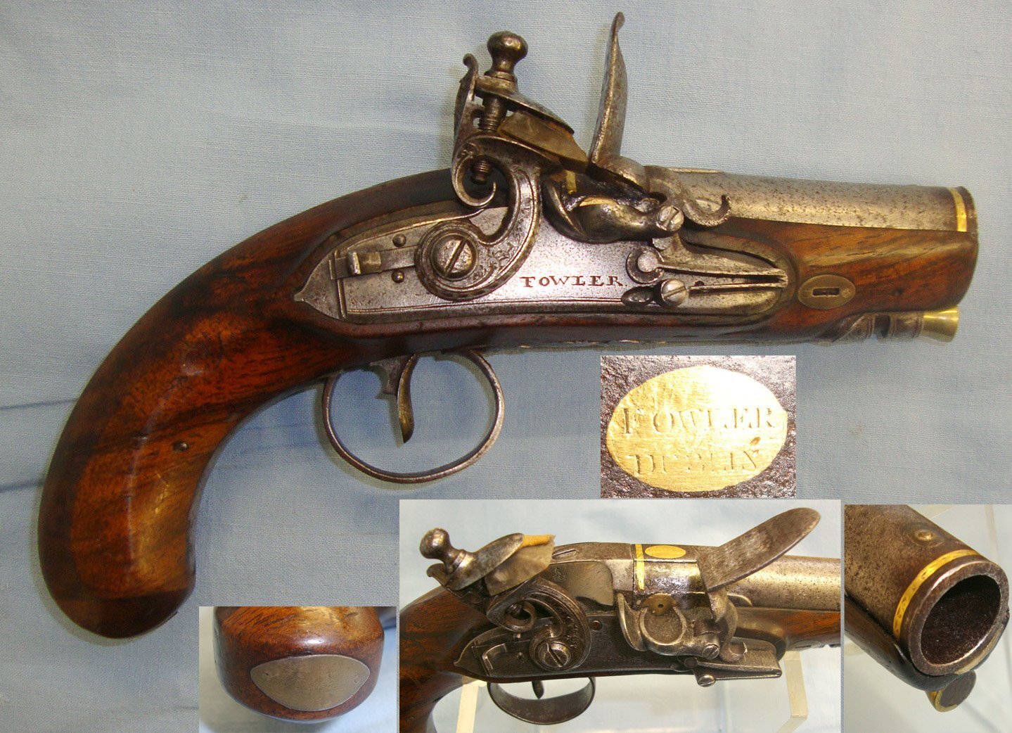 QUALITY**RARE**1801-1805 Irish Thomas Fowler Dublin 22 Bore Flintlock Overcoat / Traveling Pistol With Gold Inlays. Sn 21517 20 Bore/gauge Muzzleloader