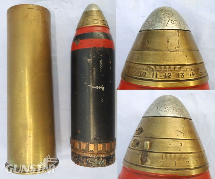  INERT DEACTIVATED. WW1, 1910 Dated, Scarce Indian Army Made, Fired, British Indian Army 18 Pr Shrapnel Round Fitted With a No. 80 Time And Percussion Nose Fuze. - O 2234 INERT DEACTIVATED. WW1, 1910 Dated, Scarce Indian Army Made, Fired, British Indian Army 18 Pr Shrapnel Round Fitted With a No. 80 Time And Percussion Nose Fuze. - O 2234  Other Ammunition