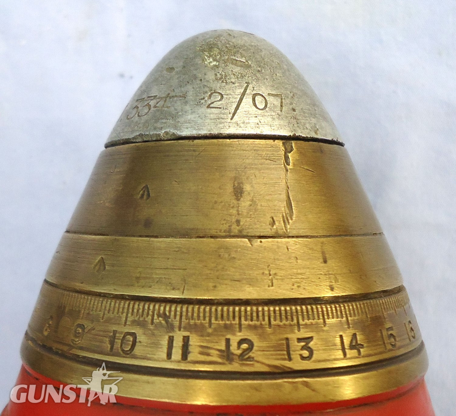{CATEGORY} - INERT DEACTIVATED. WW1, 1910 Dated, Scarce Indian Army Made, Fired, British Indian Army 18 Pr Shrapnel Round Fitted With a No. 80 Time And Percussion Nose Fuze. - O 2234 INERT DEACTIVATED. WW1, 1910 Dated, Scarce Indian Army Made, Fired, British Indian Army 18 Pr Shrapnel Round Fitted With a No. 80 Time And Percussion Nose Fuze. - O 2234  Other Ammunition in 