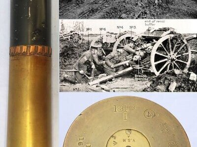 INERT DEACTIVATED. WW1, 1910 Dated, Scarce Indian Army Made, Fired, British Indian Army 18 Pr Shrapnel Round Fitted With a No. 80 Time And Percussion Nose Fuze. - O 2234 INERT DEACTIVATED. WW1, 1910 Dated, Scarce Indian Army Made, Fired, British Indian Army 18 Pr Shrapnel Round Fitted With a No. 80 Time And Percussion Nose Fuze. - O 2234  Other Ammunition