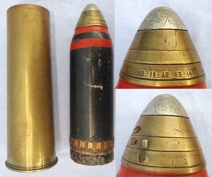  INERT DEACTIVATED. WW1, 1910 Dated, Scarce Indian Army Made, Fired, British Indian Army 18 Pr Shrapnel Round Fitted With a No. 80 Time And Percussion Nose Fuze. - O 2234 INERT DEACTIVATED. WW1, 1910 Dated, Scarce Indian Army Made, Fired, British Indian Army 18 Pr Shrapnel Round Fitted With a No. 80 Time And Percussion Nose Fuze. - O 2234  Other Ammunition