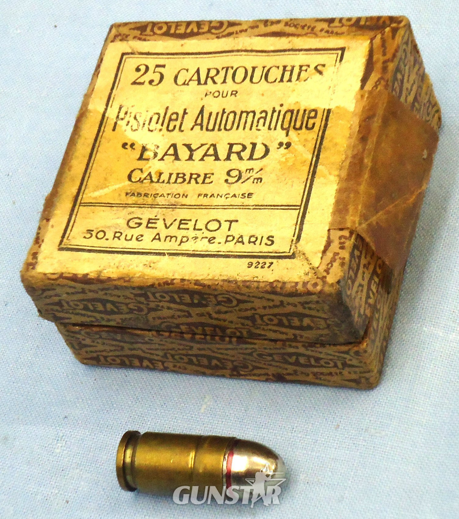 DEACTIVATED INERT. 25 Round Box of Gevolet, Paris 9mm (9x23) Bayard Automatic Pistol Rounds. O 2316 DEACTIVATED INERT. 25 Round Box of Gevolet, Paris 9mm (9x23) Bayard Automatic Pistol Rounds. O 2316 Various Other Ammunition in 