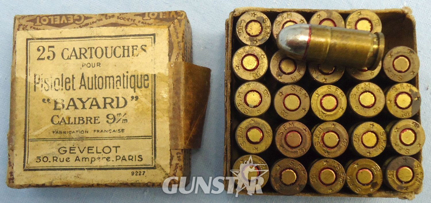  DEACTIVATED INERT. 25 Round Box of Gevolet, Paris 9mm (9x23) Bayard Automatic Pistol Rounds. O 2316 DEACTIVATED INERT. 25 Round Box of Gevolet, Paris 9mm (9x23) Bayard Automatic Pistol Rounds. O 2316 Various Other Ammunition