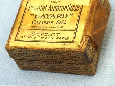 DEACTIVATED INERT. 25 Round Box of Gevolet, Paris 9mm (9x23) Bayard Automatic Pistol Rounds. O 2316 DEACTIVATED INERT. 25 Round Box of Gevolet, Paris 9mm (9x23) Bayard Automatic Pistol Rounds. O 2316 Various Other Ammunition