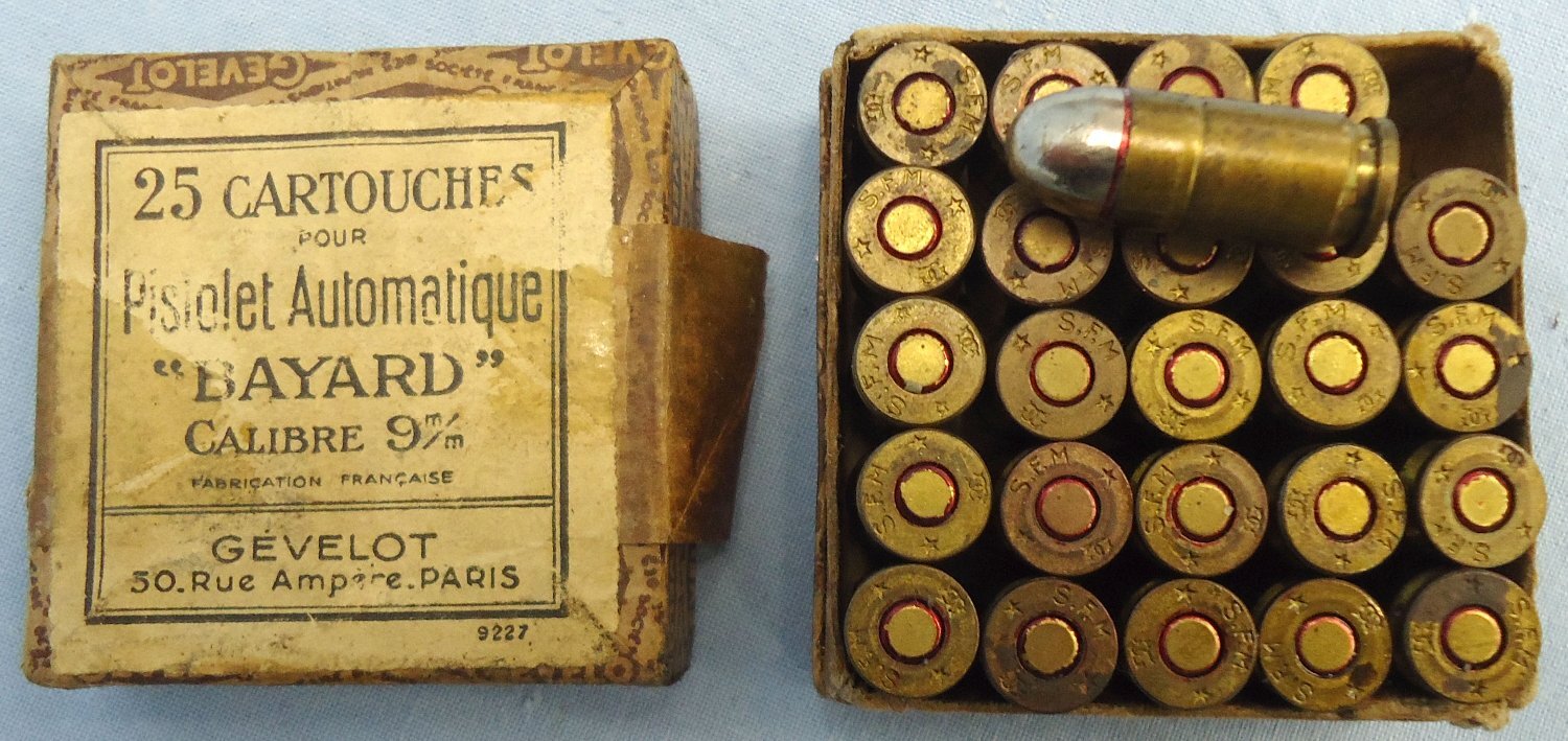 DEACTIVATED INERT. 25 Round Box of Gevolet, Paris 9mm (9x23) Bayard Automatic Pistol Rounds. O 2316 DEACTIVATED INERT. 25 Round Box of Gevolet, Paris 9mm (9x23) Bayard Automatic Pistol Rounds. O 2316 Various Other Ammunition