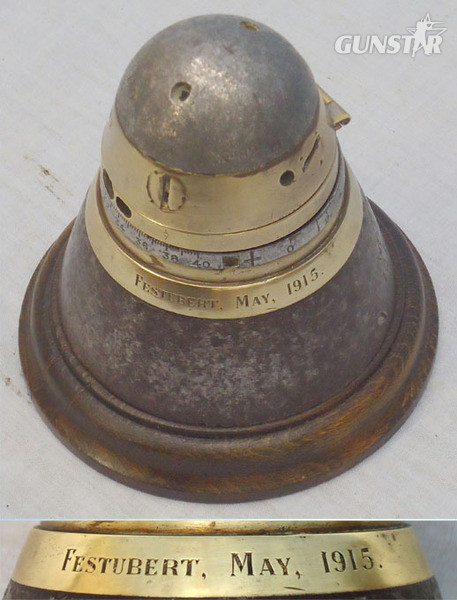 INERT DEACTIVATED. Rare, British, WW1 (1915 dated) No 82 Marl II Nose Fuse For The 4.5 inch Howitzer Shrapnel Round Engraved Festubert May 1915 Trench At Mounted Inkwell. - O 1723 INERT DEACTIVATED. Rare, British, WW1 (1915 dated) No 82 Marl II Nose Fuse For The 4.5 inch Howitzer Shrapnel Round Engraved Festubert May 1915 Trench At Mounted Inkwell. - O 1723  Other Ammunition in 