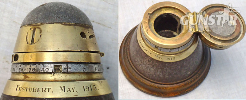INERT DEACTIVATED. Rare, British, WW1 (1915 dated) No 82 Marl II Nose Fuse For The 4.5 inch Howitzer Shrapnel Round Engraved Festubert May 1915 Trench At Mounted Inkwell. - O 1723 INERT DEACTIVATED. Rare, British, WW1 (1915 dated) No 82 Marl II Nose Fuse For The 4.5 inch Howitzer Shrapnel Round Engraved Festubert May 1915 Trench At Mounted Inkwell. - O 1723  Other Ammunition