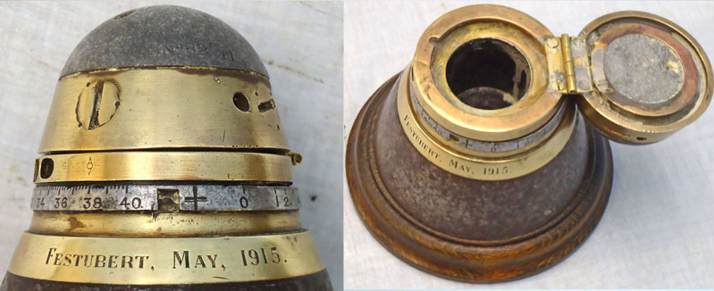 INERT DEACTIVATED. Rare, British, WW1 (1915 dated) No 82 Marl II Nose Fuse For The 4.5 inch Howitzer Shrapnel Round Engraved Festubert May 1915 Trench At Mounted Inkwell. - O 1723 INERT DEACTIVATED. Rare, British, WW1 (1915 dated) No 82 Marl II Nose Fuse For The 4.5 inch Howitzer Shrapnel Round Engraved Festubert May 1915 Trench At Mounted Inkwell. - O 1723  Other Ammunition