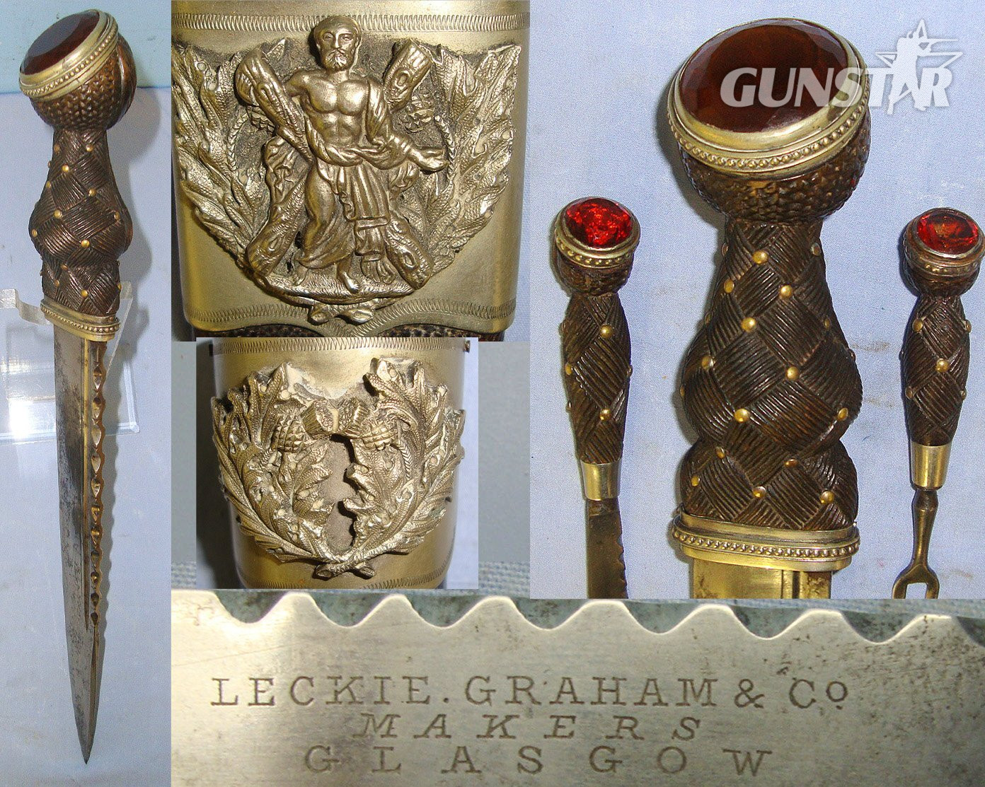 SUPERB**LARGE**C1879 - 1884 Scottish Leckie, Graham & Co Glasgow 1st Aberdeen Rifle Volunteers Badged (Later Gordon Highlanders) Silver Mounted Dirk With Cairngorm Jewel Setting, Knife, Fork With Matching Cairngorms & Scabbard. Sn 23140 Knive