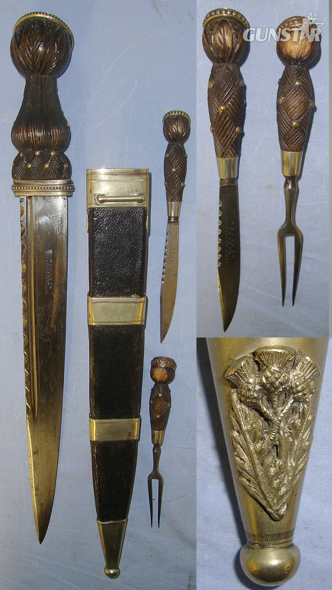 SUPERB**LARGE**C1879 - 1884 Scottish Leckie, Graham & Co Glasgow 1st Aberdeen Rifle Volunteers Badged (Later Gordon Highlanders) Silver Mounted Dirk With Cairngorm Jewel Setting, Knife, Fork With Matching Cairngorms & Scabbard. Sn 23140 Knive