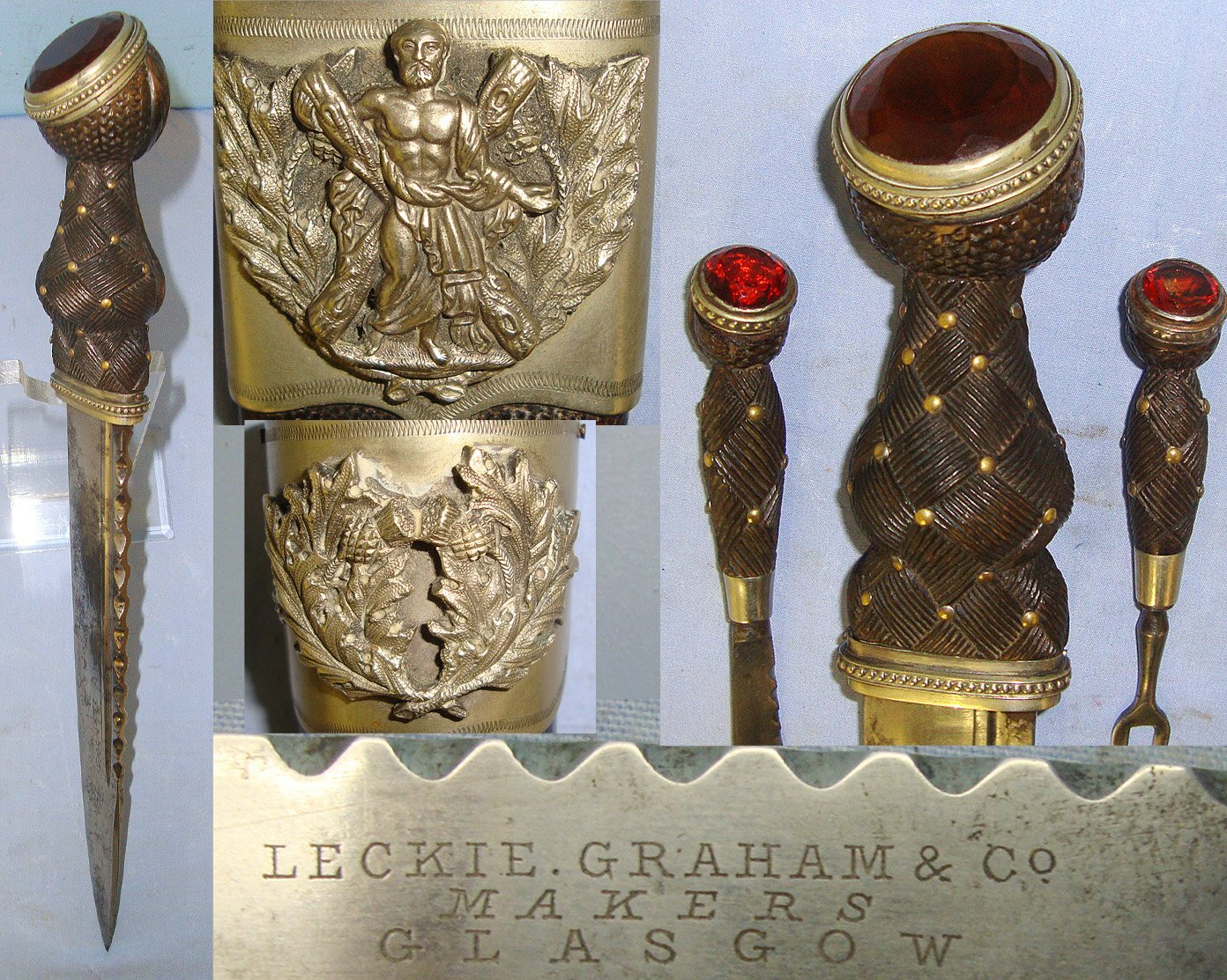 SUPERB**LARGE**C1879 - 1884 Scottish Leckie, Graham & Co Glasgow 1st Aberdeen Rifle Volunteers Badged (Later Gordon Highlanders) Silver Mounted Dirk With Cairngorm Jewel Setting, Knife, Fork With Matching Cairngorms & Scabbard. Sn 23140 Knive