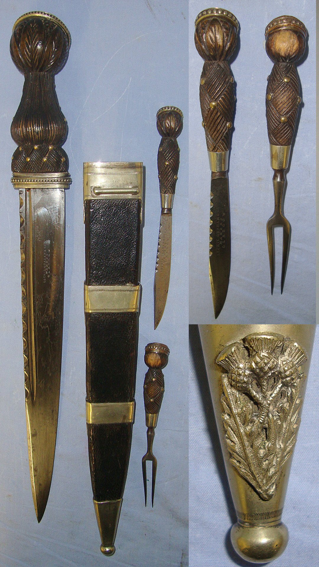  SUPERB**LARGE**C1879 - 1884 Scottish Leckie, Graham & Co Glasgow 1st Aberdeen Rifle Volunteers Badged (Later Gordon Highlanders) Silver Mounted Dirk With Cairngorm Jewel Setting, Knife, Fork With Matching Cairngorms & Scabbard. Sn 23140 Knive