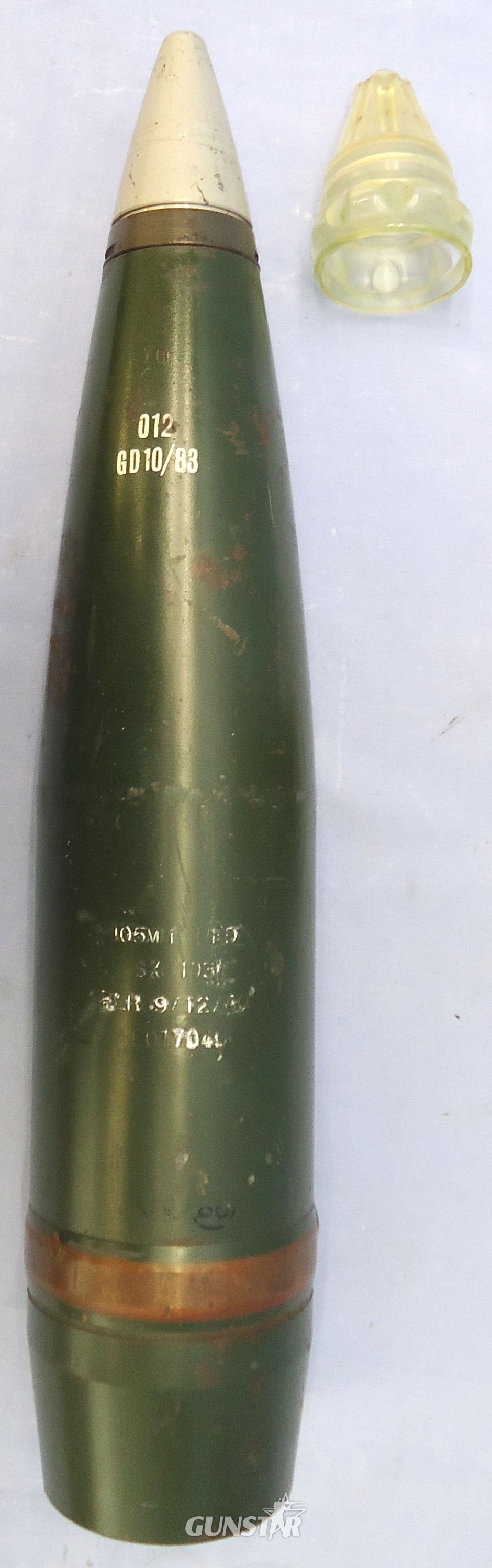 {CATEGORY} - INERT DEACTIVATED. Unfired, British L118, 105MM Howitzer (105x371R) C.S.R. PROOF, High Explosive (H.E) Substitute Round. - O 2130 INERT DEACTIVATED. Unfired, British L118, 105MM Howitzer (105x371R) C.S.R. PROOF, High Explosive (H.E) Substitute Round. - O 2130  Other Ammunition in 