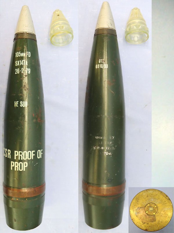  INERT DEACTIVATED. Unfired, British L118, 105MM Howitzer (105x371R) C.S.R. PROOF, High Explosive (H.E) Substitute Round. - O 2130 INERT DEACTIVATED. Unfired, British L118, 105MM Howitzer (105x371R) C.S.R. PROOF, High Explosive (H.E) Substitute Round. - O 2130  Other Ammunition