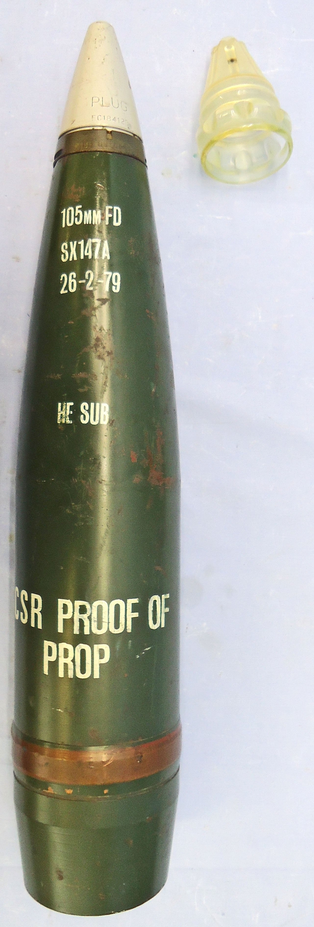 INERT DEACTIVATED. Unfired, British L118, 105MM Howitzer (105x371R) C.S.R. PROOF, High Explosive (H.E) Substitute Round. - O 2130 INERT DEACTIVATED. Unfired, British L118, 105MM Howitzer (105x371R) C.S.R. PROOF, High Explosive (H.E) Substitute Round. - O 2130  Other Ammunition 