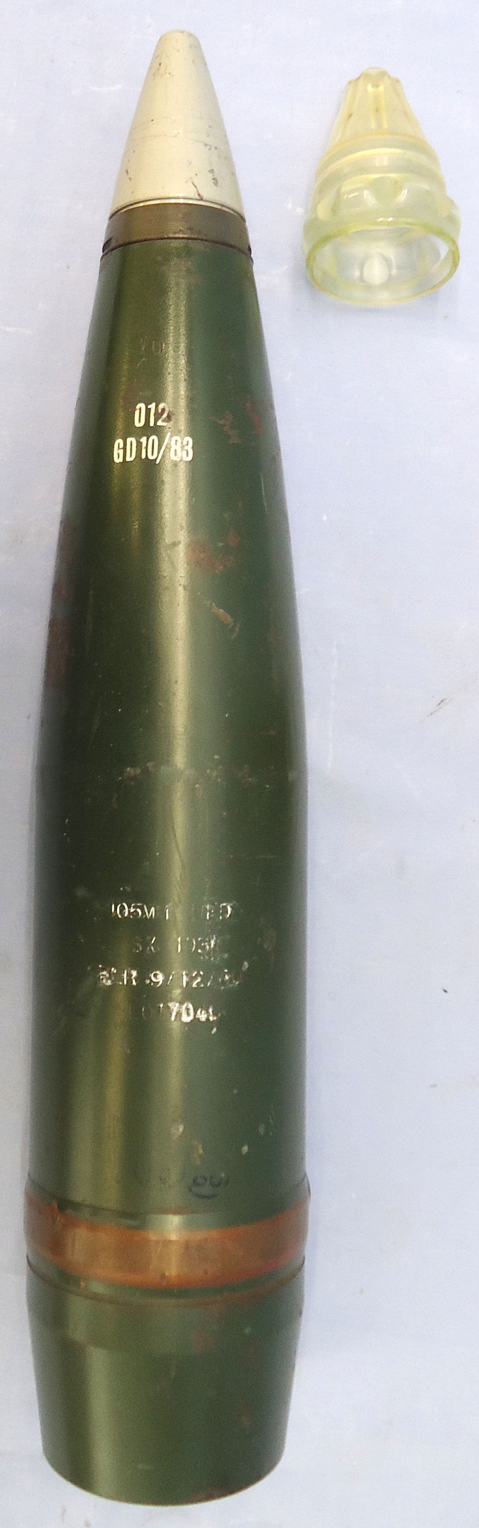 {CATEGORY} - INERT DEACTIVATED. Unfired, British L118, 105MM Howitzer (105x371R) C.S.R. PROOF, High Explosive (H.E) Substitute Round. - O 2130 INERT DEACTIVATED. Unfired, British L118, 105MM Howitzer (105x371R) C.S.R. PROOF, High Explosive (H.E) Substitute Round. - O 2130  Other Ammunition in 
